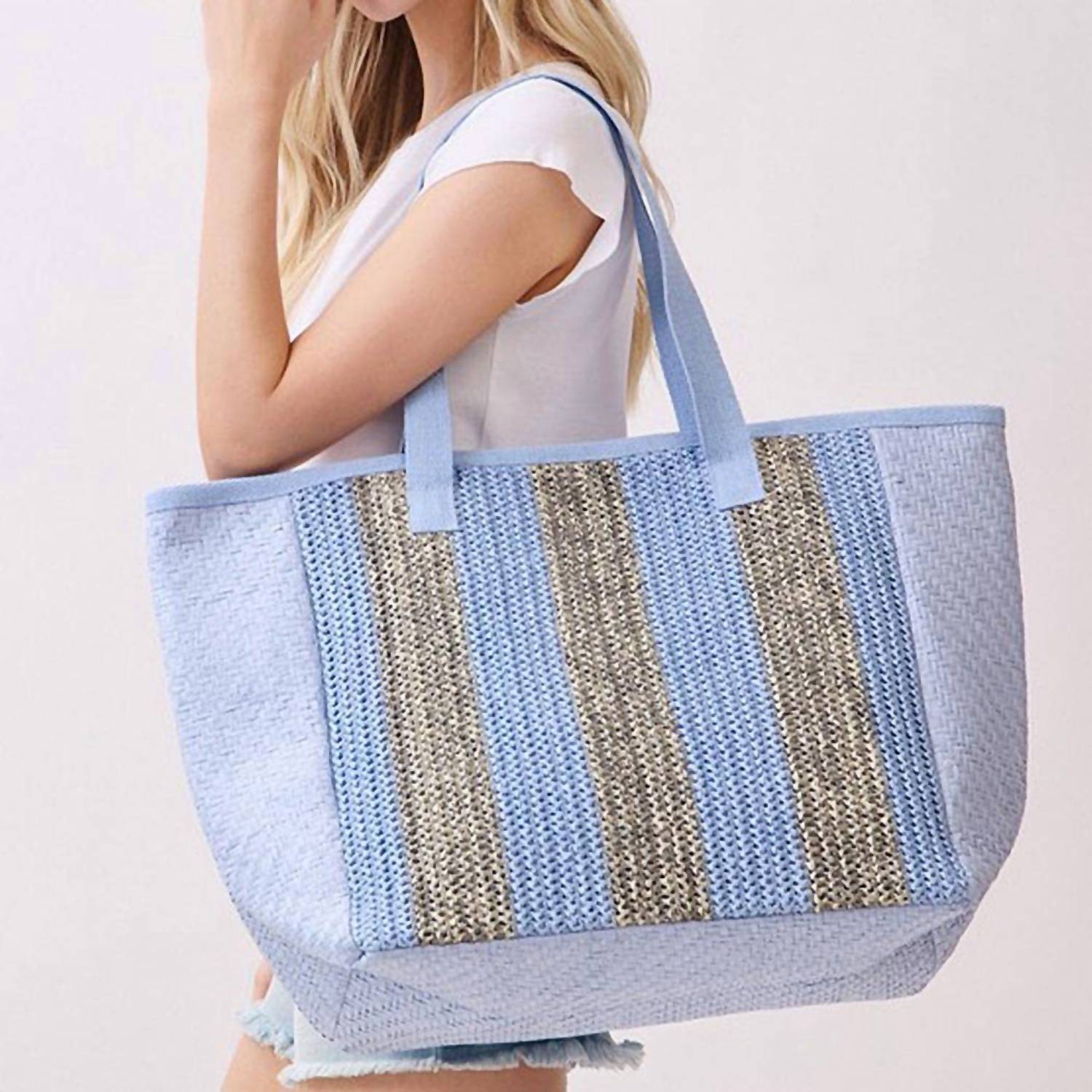 New 3am By H&D Accessories Women's Nautical Stripe Paper Straw Tote Bag In Blue